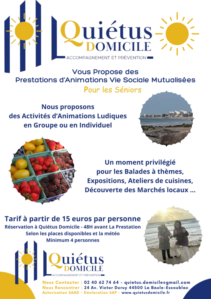 Animations pour seniors; Marché de La Baule; Programme animation seniors; Contact Quiétus Domicile; Renseignements animations seniors